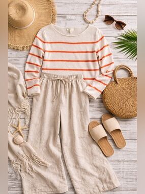 Eileen Fisher Linen Stripe Long Sleeve Top Orange Lightweight Sweater Size M